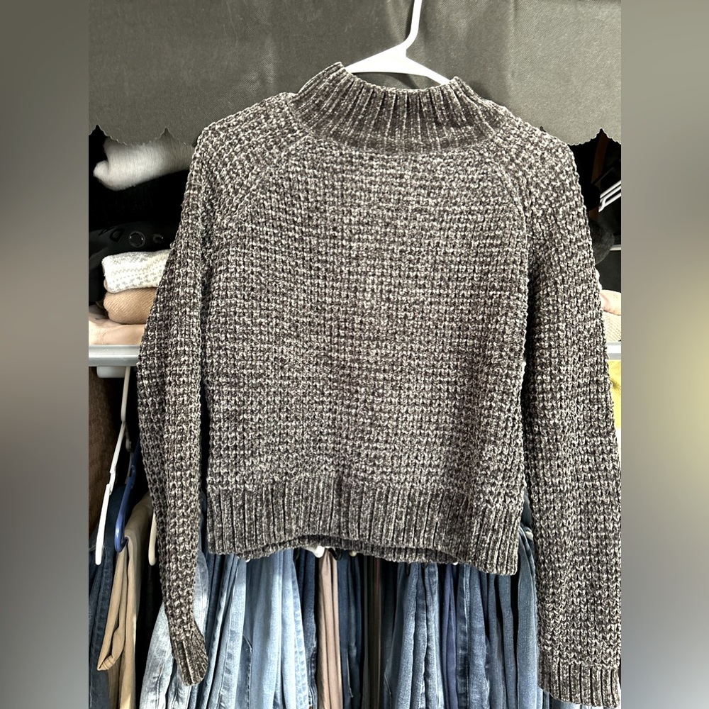 Women’s Grey Velvet Cropped Mock Neck Sweater